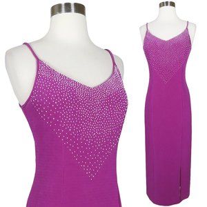 Vintage 80s 90s Pink Purple Magenta Beaded Sheath Slit Maxi Prom Party Dress S M